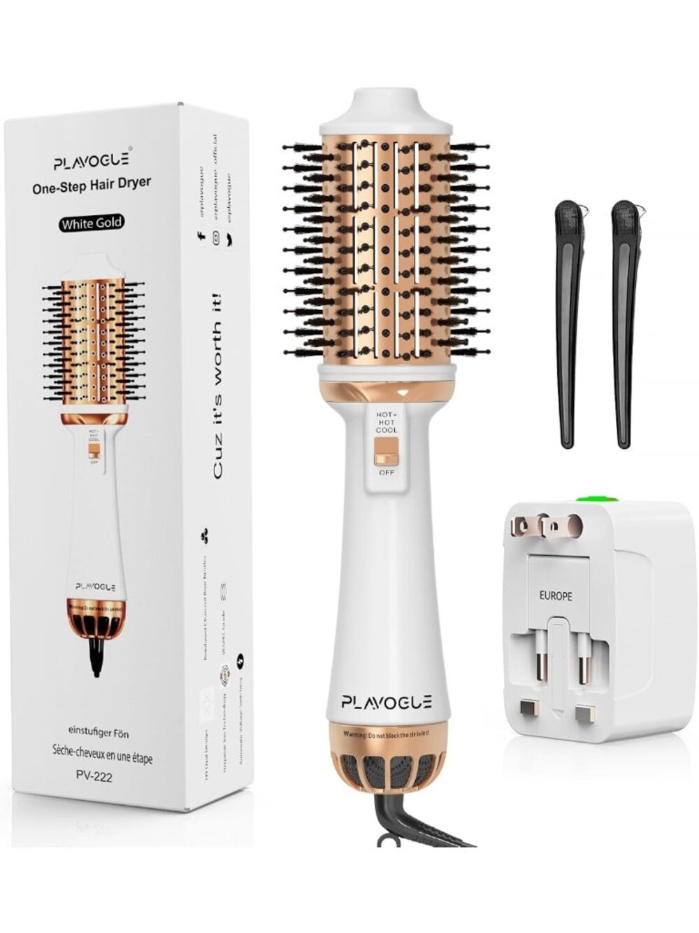 Dual Voltage Hot Air Brush & Volumizer for Travel, Anti-Frizz, Ceramic Coating